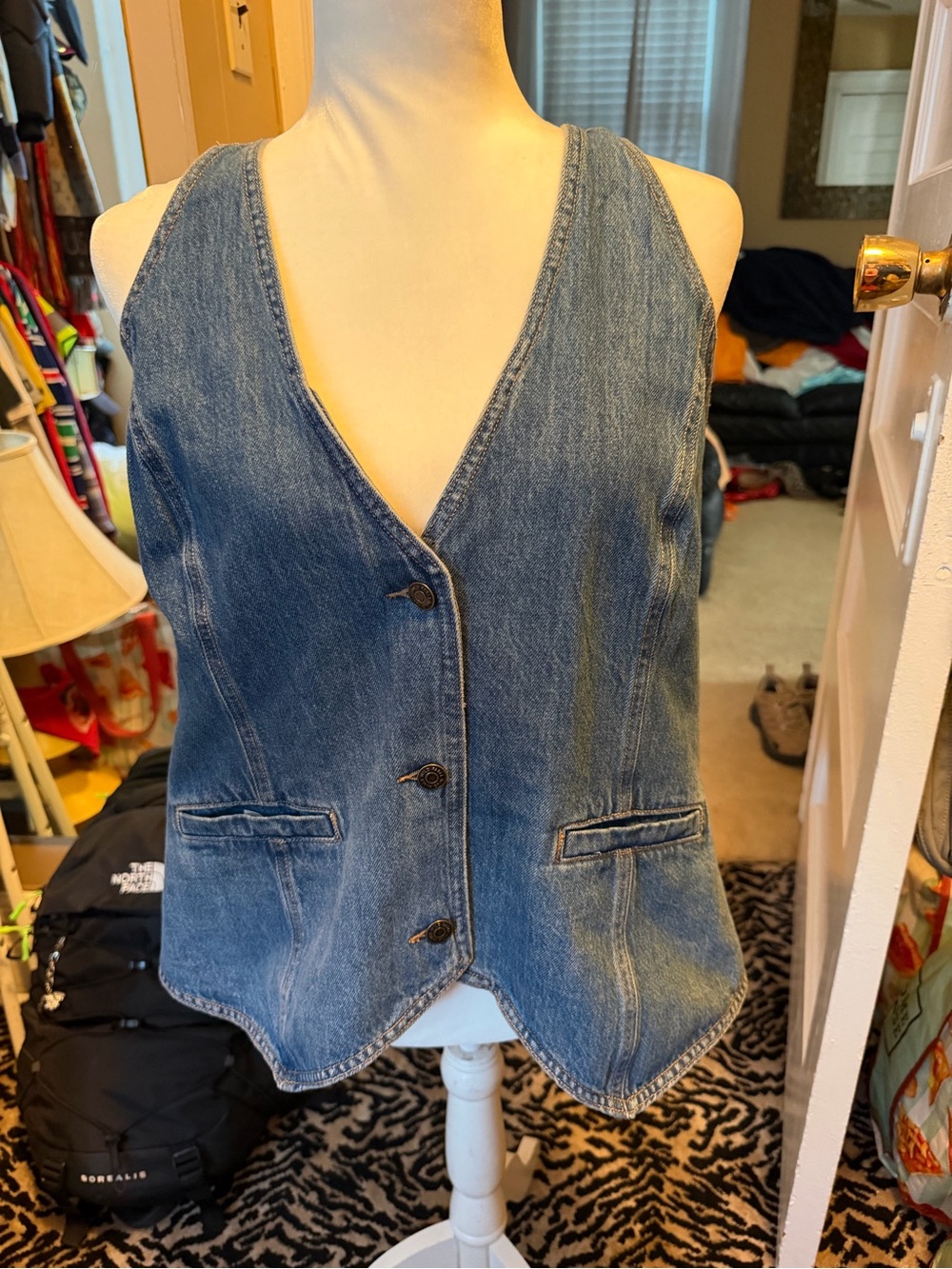 Denim Button-Front Vest in Medium Blue - Picture 2 of 9